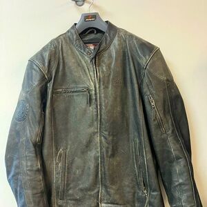 Men’s distressed leather Indian Motorcycle jacket.